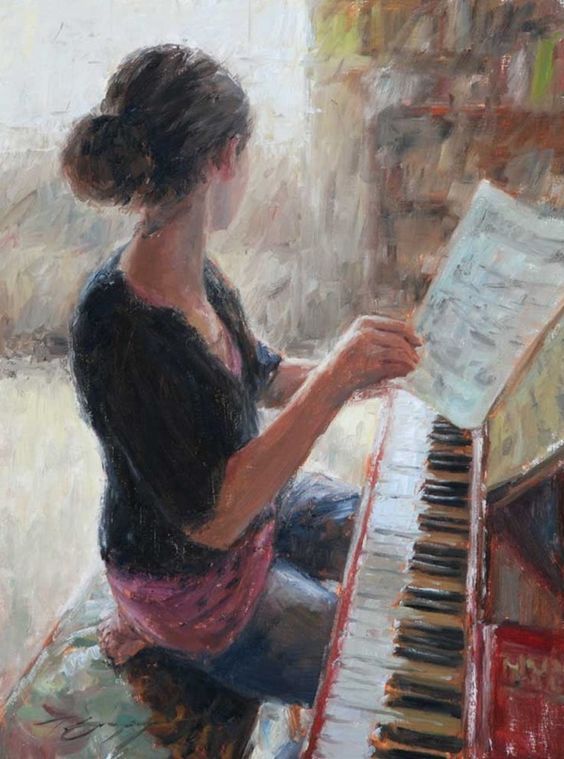 a painting of a woman sitting at a piano and playing the piano with sheet music