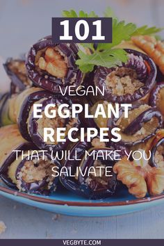 an eggplant dish on a plate with text overlay that reads 101 vegan eggplant recipes that will make you salate