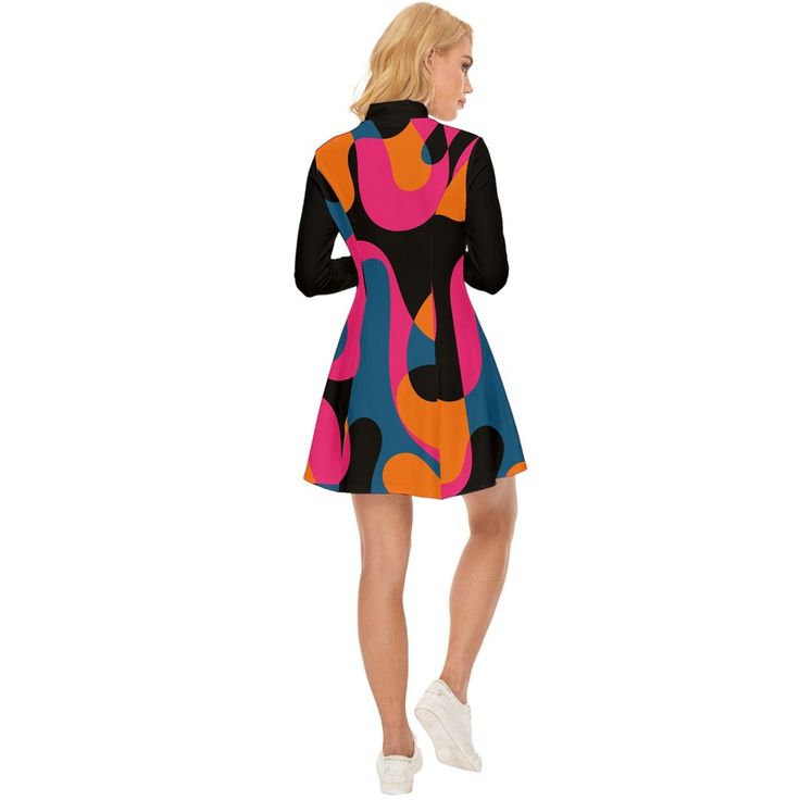 Dive into the mesmerizing world of 60s fashion with our Abstract Op Art Mod Dress. This GOGO Dress is a stunning representation of the iconic Mod style, featuring a vibrant and artistic pattern in shades of blue, pink, black, and orange. The abstract geometric design adds a touch of avant-garde flair, making it a standout piece for any vintage enthusiast. The mini dress silhouette pays homage to the energetic and free-spirited vibes of the 60s, creating a perfect blend of retro and contemporary Mod Mini Dress For Fall, Retro Mini Dress For Fall Party, Retro Knee-length Mini Dress For Party, Retro Mini Length Fall Dresses, Mod Style A-line Dress With Retro Print, Multicolor Retro Print Knee-length Dress, Multicolor Retro Print Mini Dress, Fitted Mini Dress With Retro Print In 70s Style, Retro Multicolor Knee-length Mini Dress