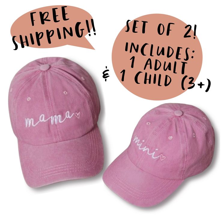 "This is the cutest matching baseball hat set for a Mama and her Mini! They won't want to match you forever... So happy to give you an everyday accessory for you and your Mini! Grab these matching hats for a limited time! They have a Convenient adjustable strap to ensure maximum comfort and a secure fit. FREE SHIPPING!! ADD ANOTHER MATCHING MINI HAT: https://www.etsy.com/listing/1478838441/mini-hat?click_key=cf0afd2599fe0d557f1ddf40280d9e1cfa8156f4%3A1478838441&click_sum=095383a7&ga_search_query Cute Cotton Birthday Hats, Cute Cotton Hats For Birthday, Pink Cotton Hat Gift, Pink Baseball Cap For Baseball Season, Pink Adjustable Baseball Cap With Letter Print, Personalized Cute Baseball Cap With Curved Brim, Cute Personalized Baseball Cap With Curved Brim, Pink Dad Hat With Letter Print, Personalized Pink Cap