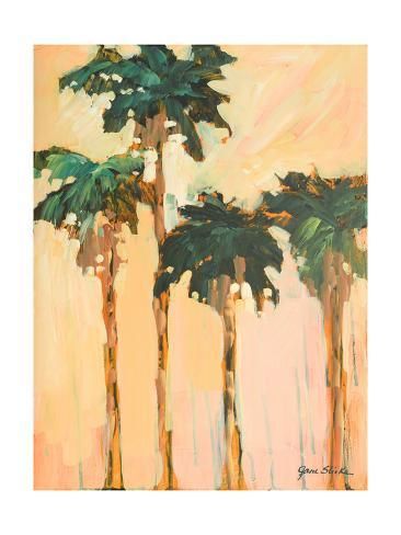 a painting of three palm trees in front of an orange sky