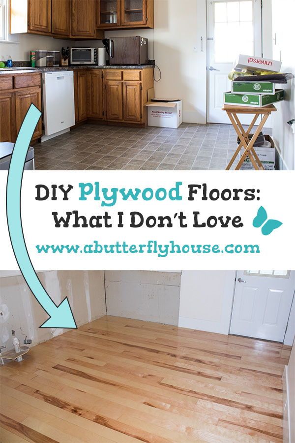 an empty kitchen with wood floors and white appliances in the background that says diy plywood floors what i don't love