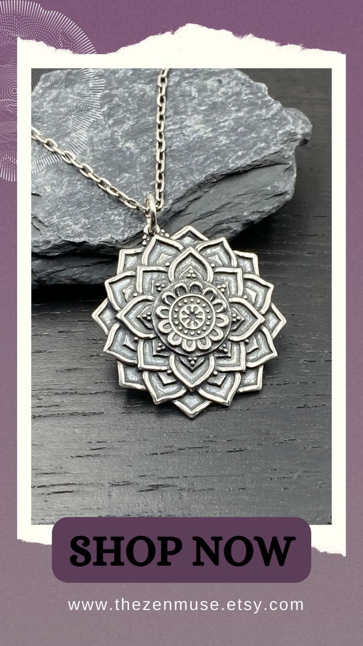 large sterling silver mandala pendant necklace on a oxidized chain. Sterling Silver Spiritual Necklace With Intricate Design, Spiritual Sterling Silver Necklace With Intricate Design, Silver Oxidized Flower Pendant Jewelry, Silver Jewelry With Oxidized Finish And Flower Pendant, Sterling Silver Flower Pendant With Oxidized Finish, Silver Engraved Flower Pendant Necklace, Sterling Silver Flower Pendant In Antique Silver, Antique Silver Sterling Flower Pendant Jewelry, Silver Sterling Silver Necklace With Flower Pendant