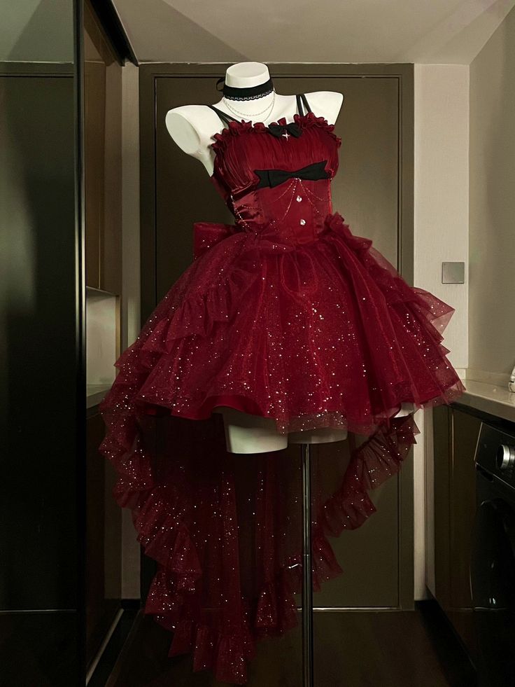 Wine Red Starry Princess Dress with Adjustable Straps, Ruffle Sweetheart Neckline, Waist Adorned with a Bow and Detachable Chain, Back with Elastic, Multi-Layered Sparkling Skirt with Bow Train.  This dress is perfect for formal events, such as proms, weddings, or galas. Its adjustable features and elegant details make it a versatile and stunning choice for any special occasion.     Full Set: A jumper skirt + a detachable train + a choker.      	 		 			Size 			XS 			S 			M 			L 			XL 		 		 			Bu Circus Prom Dress, Carnival Theme Dress For Women, Long Sleeve Casino Dress, Cute Tulle Dress, Layered Homecoming Dresses, Vampire Homecoming Dress, Fancy Cute Dresses, Short Dress With A Train, Red Birthday Dress Plus Size