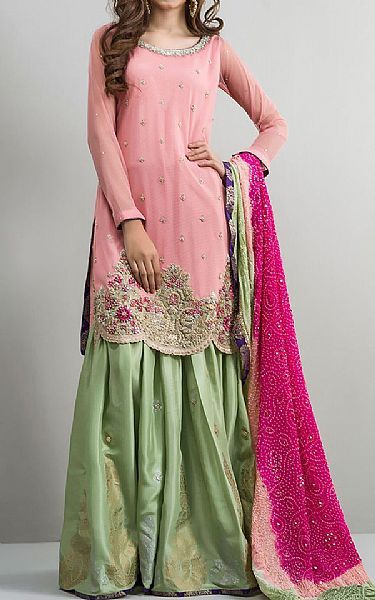 Pink/Pistachio Chiffon Suit -  Pakistani Party Dresses and Formal Wear Pakistani Gharara, Girly Items, Zainab Chottani, Chiffon Suit, Pakistani Party Wear Dresses, Sharara Designs, Suit Pakistani, Latest Designer Dresses, Pakistani Formal Dresses