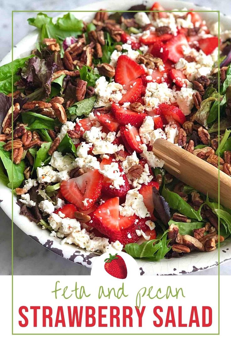 strawberry salad with feta in a bowl. Salad With Pecans And Feta, Salad Feta Recipes, Galentines Party Salad, Big Salad For Party, Strawberry Feta Salad Dressing, Big Salad Recipes Healthy, Valentine Salad Recipes, Healthy New Years Day Recipes, Strawberry Feta Salad Recipe