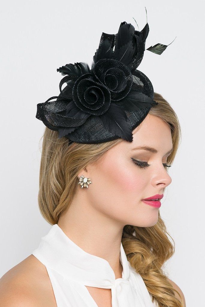 "\"Emelia Rose\" Black Fascinator This vintage-inspired fascinator is as timeless as a fairytale. Let your personality add life to its floral center and ribbon loop accents. It's round base and slip-on headband will allow you to look flawless and enjoy any event with ease! - Easy wear headband - Round sinamay base" Gatsby Style Evening Fascinator Headband, Gatsby Style Evening Fascinator For Kentucky Derby, Evening Gatsby Style Fascinator Headband, Black Hair Accessories For Spring Evening Events, Black Hair Accessories For Evening In Spring, Fitted Evening Headband Costume, Evening Headband Fascinator For Kentucky Derby, Fitted Black Headpiece For Vintage Events, Kentucky Derby Evening Fascinator Headband