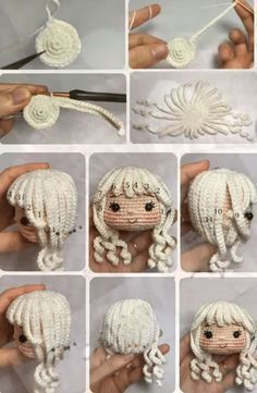 the instructions for making a crocheted doll with white hair and braids are shown