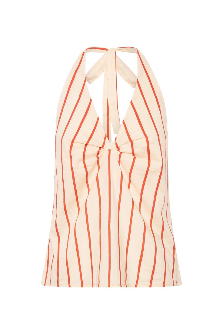 V-neck halter top. V neckline with pleated detail Halter shape Tie up back Mid-length Fitted back with ruching Hand screen printed in Indonesia. Cheap Cute Clothes, Striped Clothes, V Neck Halter Top, Striped Clothing, Tie Up Top, Striped Halter Top, Halter Neck Top, March 2024, Stripe Top