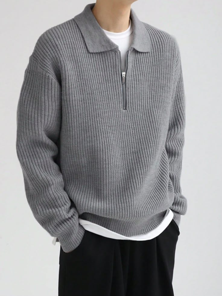 Grey Casual Collar Long Sleeve Fabric Plain Pullovers Embellished upper cuff circumference  Men Clothing Round Neck Cardigan, Herren Style, Jeremy Allen White, Oversize Pullover, Pullover Outfit, Herren Outfit, Mens Pants Fashion, Drop Shoulder Sweaters, Knitwear Men