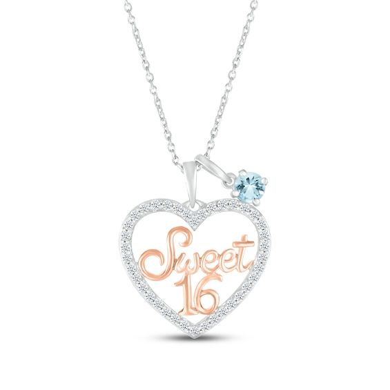 Make her 16th birthday even sweeter with this gorgeous necklace. An icy aquamarine, the birthstone of March, dangles alongside a heart with "Sweet 16" crafted in cheerful 10K rose gold letters. White lab-created sapphires trace the sterling silver pendant, adding eye-catching sparkle. The 18-inch cable chain secures with a lobster clasp. April Birthday, White Lab, Swiss Blue Topaz, Gold Letters, Accessories Jewelry Necklace, 16th Birthday, Gorgeous Necklaces, Sterling Silver Pendant, Sweet 16