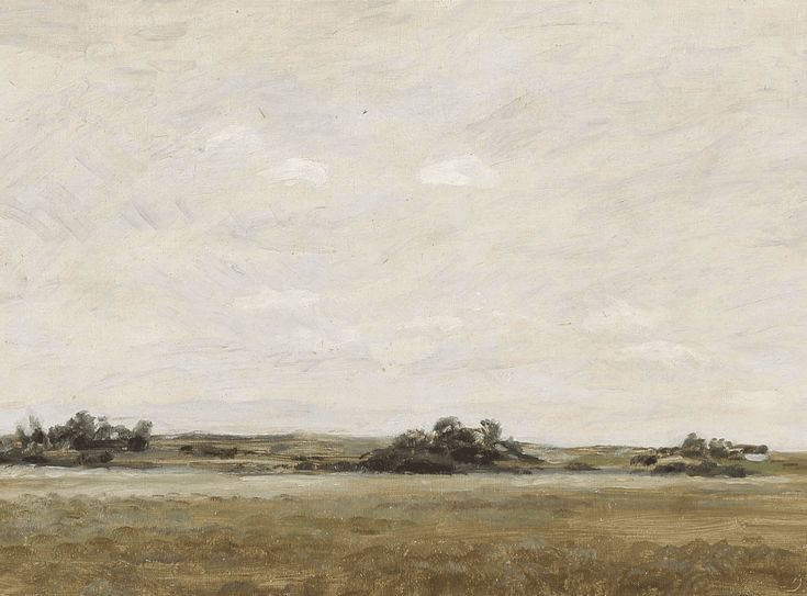 an oil painting of a field with trees and clouds in the distance, on a white background