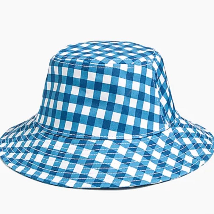 J.Crew Factory Printed Blue Plaid Check Sun Or Bucket Hat - Women’s Size Medium/Large - New With Tags Blue Wide Brim Cotton Sun Hat, Blue Cotton Wide Brim Sun Hat, Blue Wide-brim Cotton Sun Hat, Blue Cotton Bucket Hat With Flat Brim, Blue Cotton Sun Hat One Size Fits Most, Blue Summer Sun Hat Cap, Blue Sun Hat Cap For Summer, Blue Cotton Wide Brim Hat, Trendy Blue Hat With Flat Brim