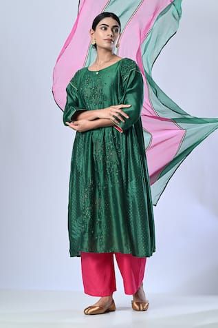 Green panelled kurta with dori floral hand embroidery and block prints. Paired with a contrast palazzo and color block dupatta. Comes along with an inner. - Aza Fashions Embroidered Tissue Silk Anarkali Set, Festive Embroidered Slub Silk Fabric, Embroidered Cotton Silk Fabric With Dupatta, Silk Palazzo Set With Traditional Drape Self Design, Traditional Drape Silk Palazzo Set With Self Design, Anarkali Cotton Silk Embroidered Fabric, Semi-stitched Silk Thread Kurta, Silk Self Design Palazzo Set For Navratri, Silk Palazzo Set For Navratri With Self Design