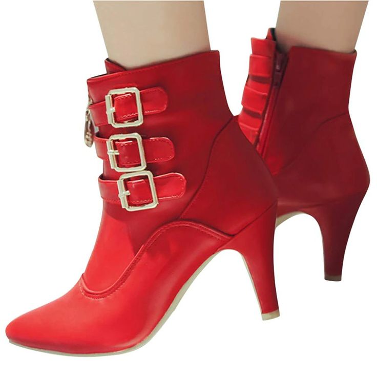 Women's Boots Plus Size Heel Boots Daily Solid Colored Booties Ankle Boots Winter Buckle Kitten Heel Pointed Toe Classic PU Leather Zipper Black White Red 2024 - $50.99 Red High Heel Winter Booties, Red High Heel Booties For Winter, Red Party Booties For Fall, Red Winter Mid-calf Boots For Party, Red Mid-calf Winter Party Boots, Red Mid-calf Boots For Winter Party, Winter Party Boots With Buckle Closure, Winter Heeled Boots With Buckle Closure And Pointed Toe, Winter Ankle Strap Booties