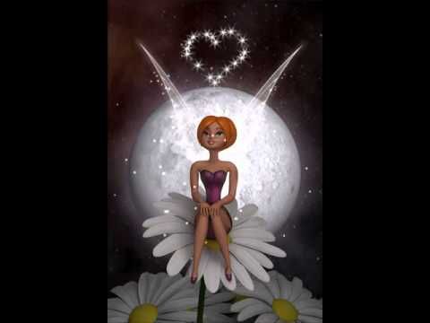 a fairy sitting on top of daisies with the moon in the background