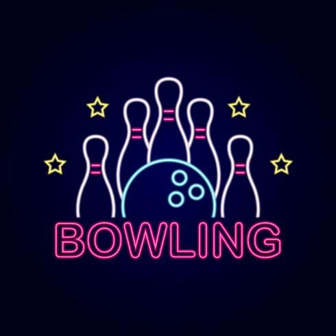 bowling neon sign with the word bowling on it and three pins coming up from behind