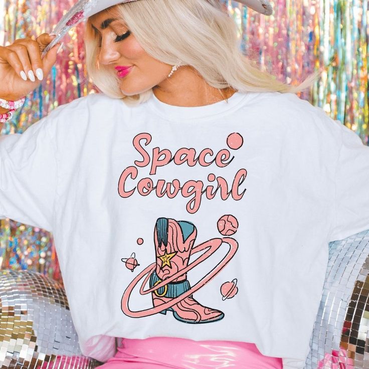 Get Ready For A Night Out Or Comfy Stay In With Our Distressed "Space Cowgirl" Tee. Size Up For An Oversized Fit! Handmade By A Small Business. Casual Graphic Print T-shirt For Pajama Party, Pink Graphic Print Top For Pajama Party, Letter Print Short Sleeve Tops For Pajama Party, Crew Neck Letter Print Top For Pajama Party, Pajama Party Crew Neck Top With Letter Print, Pink Short Sleeve T-shirt For Pajama Party, Cotton Crew Neck Top For Pajama Party, Crew Neck Tops With Letter Print For Pajama Party, Casual White T-shirt For Pajama Party