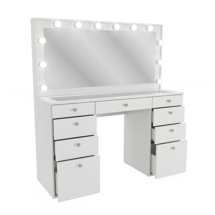 a white vanity with lights on it and drawers under the mirror, isolated against a white background