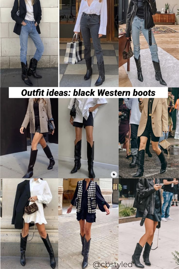 Summer Looks With Boots, Black Cowboots Outfits, Black Cowboys Boots Outfit, Fall Western Boot Outfit, How To Style Black Cowgirl Boots, Western Boots Outfit 2023, Looks With Cowboy Boots, Black Cowboy Boots Outfit Women, Black Boots Outfit 2023