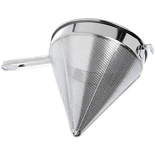 a stainless steel strainer on a white background with clippings to the side