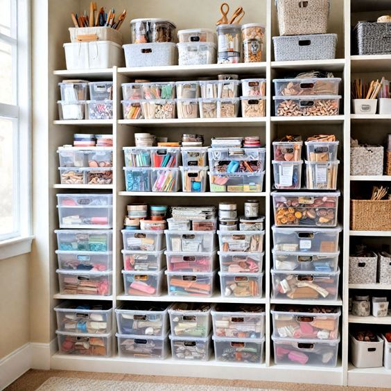 the shelves are filled with craft supplies and storage bins