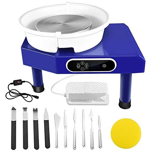 a blue and white portable ice cream maker with 8 different tools in front of it