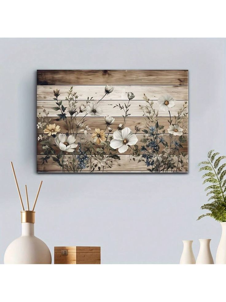 a wooden wall with flowers painted on it