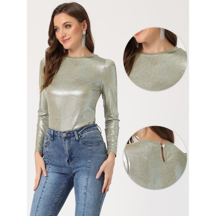 The metallic fabric adds multi-shine to this comfy and casual puff-sleeve top. Patterned in metallic, this round-neck shirt is suitable for a night out, club, and parties. Wear it with wide-leg trousers or style it with leather leggings and heels for the evening. It's designed with a round neck and puff sleeves and it has textured fabric that sets it apart from a more simplistic style. Female Sleeves, Leather Leggings Outfits, Metallic Tops, Leggings And Heels, Sparkly Party, Simplistic Style, Metallic Blouses, Halloween Long Sleeve, Multi Dimensional