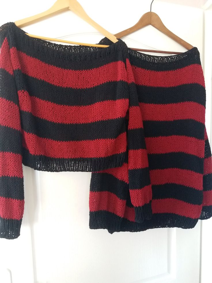 "Hand knitted grunge sweater with long sleeves and red and black stripes. Chunky knitted oversized fitted jumper. Perfect for casual and everyday usage; will go perfectly with jeans, leggings and may combine easily with many colors, especially with all blacks. Material: 100& acrylic yarns This is a handknitted \"made to order\" sweater so feel free to message me for different color combinations." Red And Black Striped Shirt, Red And Black Striped Sweater, 90s Style Grunge, Dark Red Hoodie, Grunge Jumper, Red And Black Sweater, Grunge Sweater, Red And Black Outfits, Punk Style Outfits