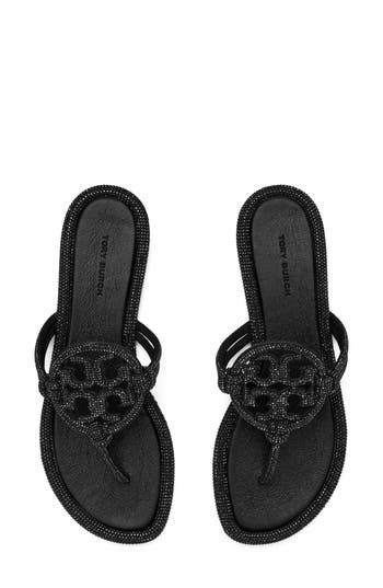 Tonal pavé crystals flood the slender straps and signature medallion of this glitzy sandal set on a slender, cushioned footbed. Flat sole Leather upper and lining/rubber sole Imported Tory Burch Sandals Black, Pretty Sandals, Tory Burch Sandals, Tory Burch Miller, Black Glitter, Pink Christmas, Christmas List, Shoe Collection, Flat Sandals