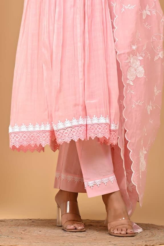 Blush pink front yoke gathered kurta with lace embellishment. Paired with coordinating pant and floral embroidered dupatta. - Aza Fashions Pink Anarkali Cotton Lawn Suit, Pink Anarkali Lawn Suit With Chikankari Embroidery, Pink Cotton Kurta With Dabka Work, Semi-stitched Pink Kurta In Cambric, Pink Semi-stitched Cambric Kurta, Semi-stitched Pink Cambric Kurta, Designer Pink Cotton Lawn Suit, Pink Cambric Kurta With Dabka Work, Pink Mulmul Kurta With Dabka Detailing