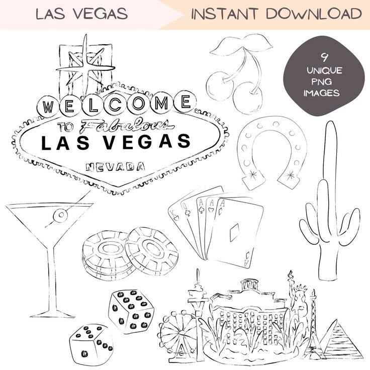 the las vegas sign is shown in black and white, as well as other items