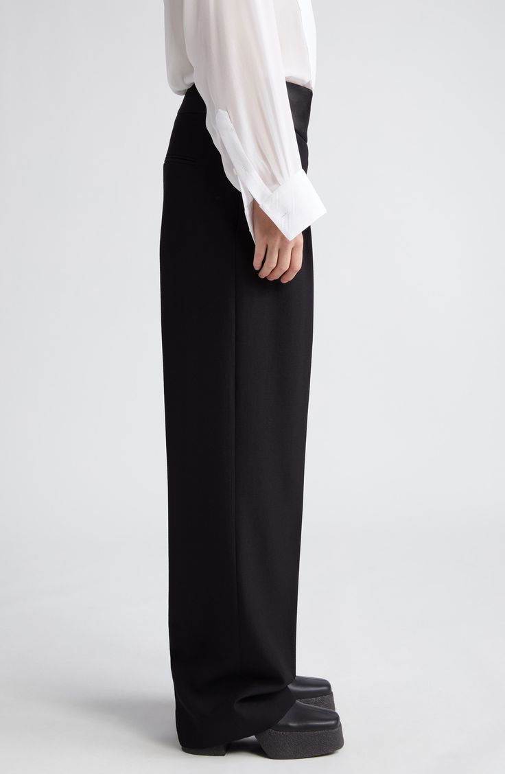 A cummerbund-inspired satin waistband hits a fun and formal note for pleated pants cut from pure wool. 30 1/2" inseam; 20" leg opening; 14" front rise; 16 1/2" back rise (size 42IT) Zip fly with hook-and-bar closure Front slant pockets; back welt pockets 100% wool with 100% polyester contrast Dry clean Imported Designer Clothing Elegant Formal Wide-leg Pantsuit, Elegant Wide Leg Bottoms For Semi-formal Occasions, Timeless Semi-formal Wide Leg Bottoms, Classic Wide-leg Pants With Pleated Waist, Elegant Tailored Wide-leg Pants, Elegant Semi-formal Pantsuit Trousers, Sleek High-waisted Dress Pants For Formal Occasions, Tailored Elegant Wide Leg Pants, Elegant Tailored Wide Leg Full-length Pants