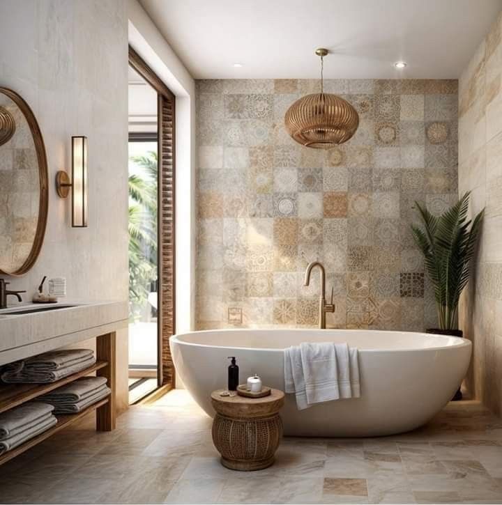 a bathroom with a large bathtub next to a sink