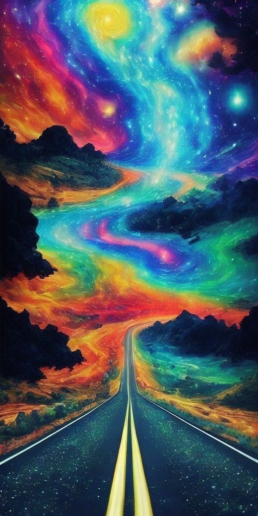 an image of a road going into the sky with stars and clouds above it, as if