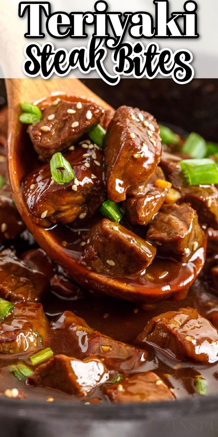 a wooden spoon filled with beef and green onions in teriyaki steak bites sauce