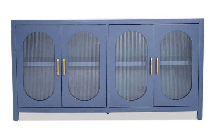 a blue cabinet with three glass doors and two gold handles on the front, against a white background