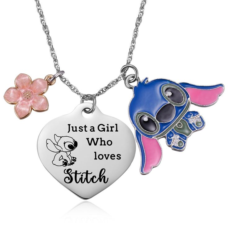 two necklaces that say, just a girl who loves stitch and an elephant with pink flowers