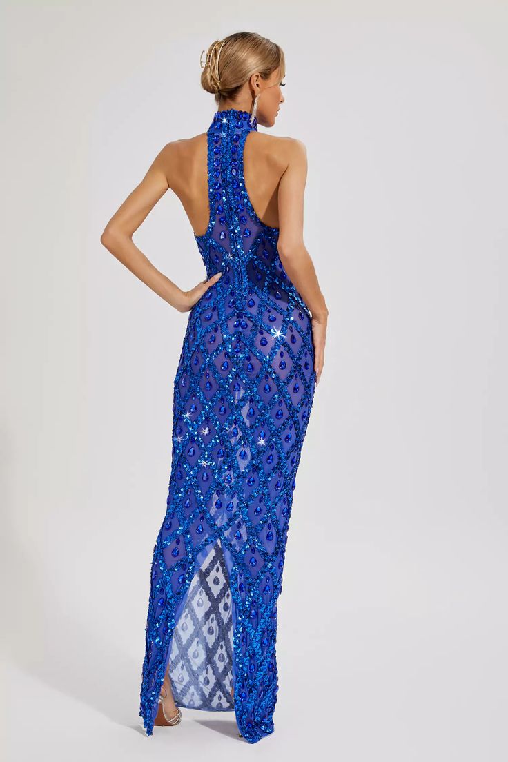 Elegant Halter Neck Sequin Dress For Prom Season, Elegant Halter Neck Sequin Dress For Prom, Floor-length Sequined Evening Dress For Prom, Evening Halter Neck Sequin Dress For Prom Season, Embellished Backless Maxi Dress For Gala, Halter Neck Sequin Dress For Prom Evening, Rhinestone Floor-length Maxi Dress For Parties, Evening Backless Sequined Maxi Dress, Glamorous Sleeveless Embellished Maxi Dress