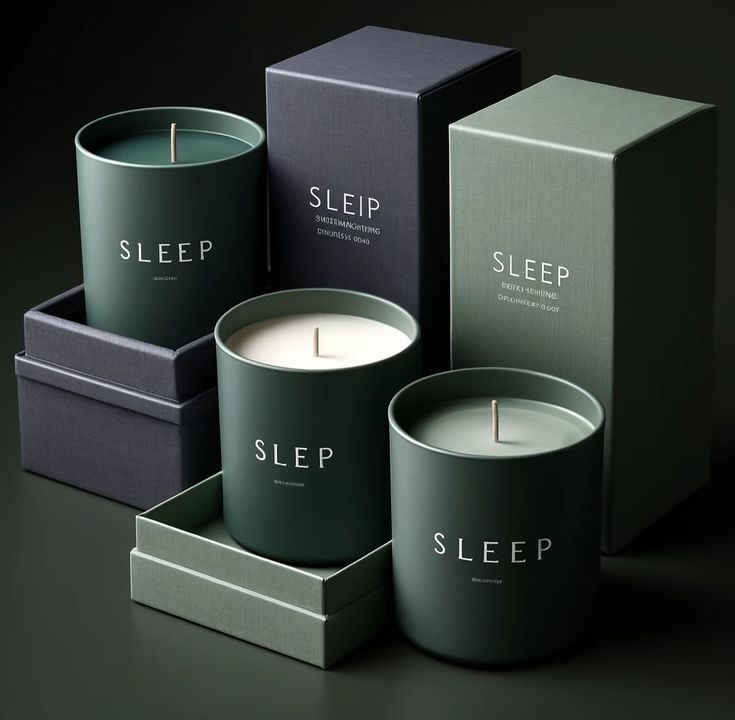 three candles sitting next to each other in front of boxes with the word sleep printed on them