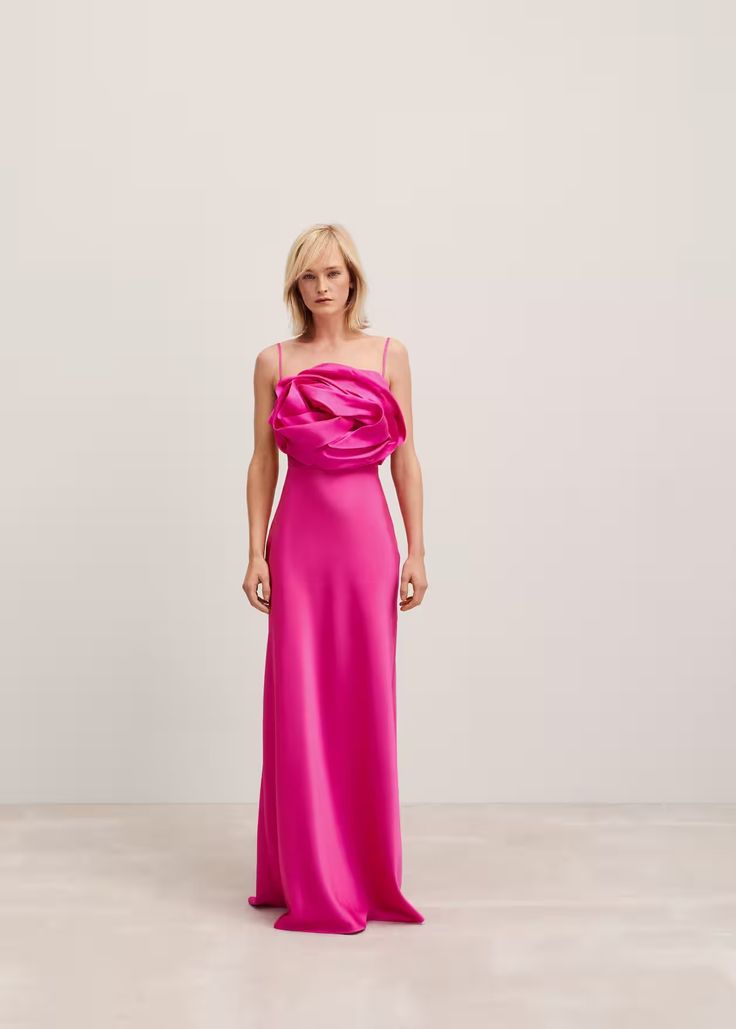 Satin maxi-flower dress - Women | Mango USA Maxi Length Satin Dress With Ruched Bodice For Gala, Chic Floor-length Satin Gown, Glamorous Satin Maxi Dress With Ruched Bodice, Chic Floor-length Satin Dress For Formal Occasions, Chic Floor-length Satin Dress For Formal Events, Chic Formal Floor-length Satin Dress, Glamorous Satin Maxi Dress For Gala, Satin Maxi Dress With Ruched Bodice For Cocktail, Dressy Maxi Dress For Gala