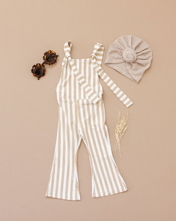 Hippie Vibes Jumpsuit in Beige Stripes Hippie Baby Girl, Hickory Stripe Overalls, Baby Girl Beach Outfit, Toddler Jumpsuit Summer White Embroidered Flowers, Playful Loungewear Jumpsuits For Babies, Day At The Park, Hippie Vibes, Bell Bottom, Bell Bottoms