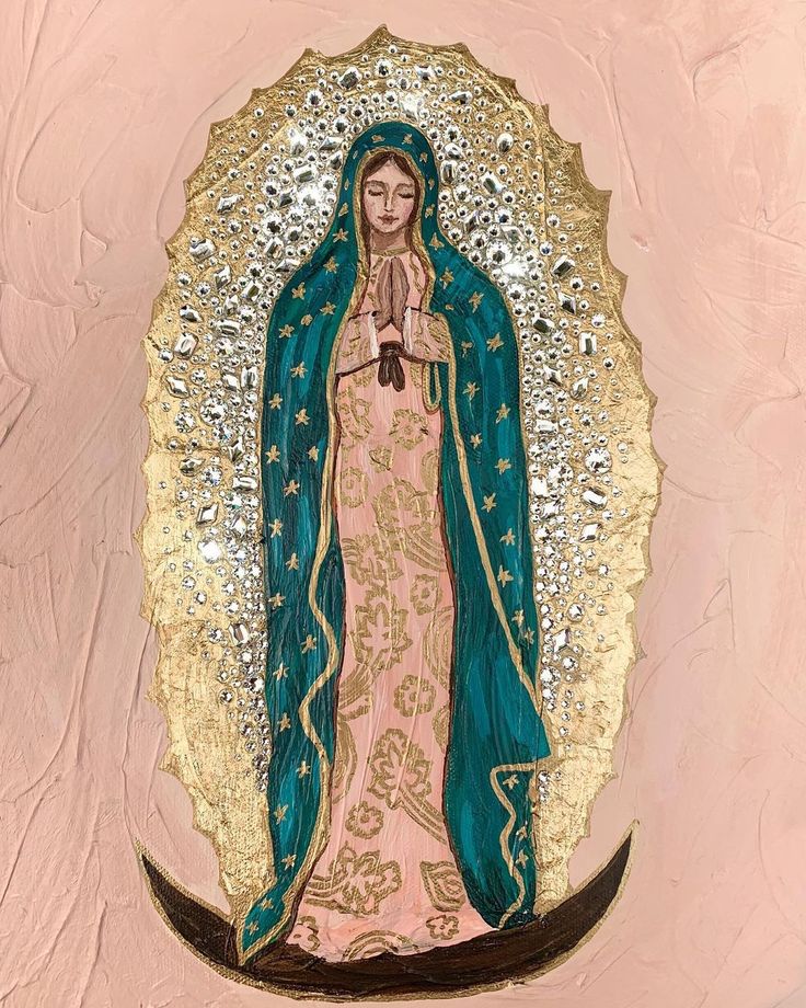 an image of the virgin mary in gold and green on a pink background with black border