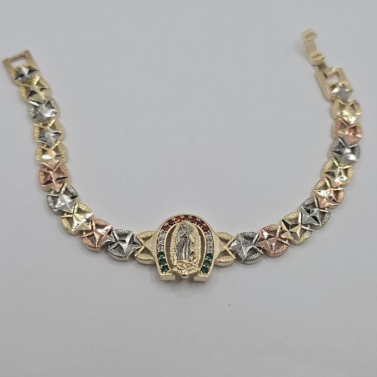 Virgin Mary Bracelet Gold-Plated Three Colors Stones Fashion No Fade No Tarnish Just Don't Take Long Showers With Them Gold Over Stainless Virgin Mary Bracelet, Fashion Color, Bracelet Gold, Three Color, Fashion Colours, Virgin Mary, Gold Plated Jewelry, Quince, Womens Jewelry Bracelets