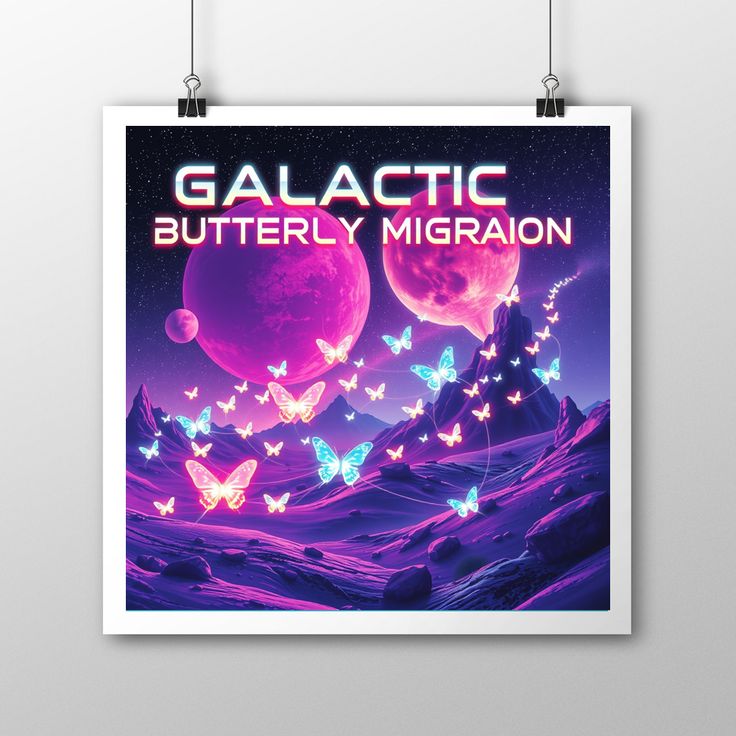 a poster hanging on the wall with butterflies flying in front of it, and an image of