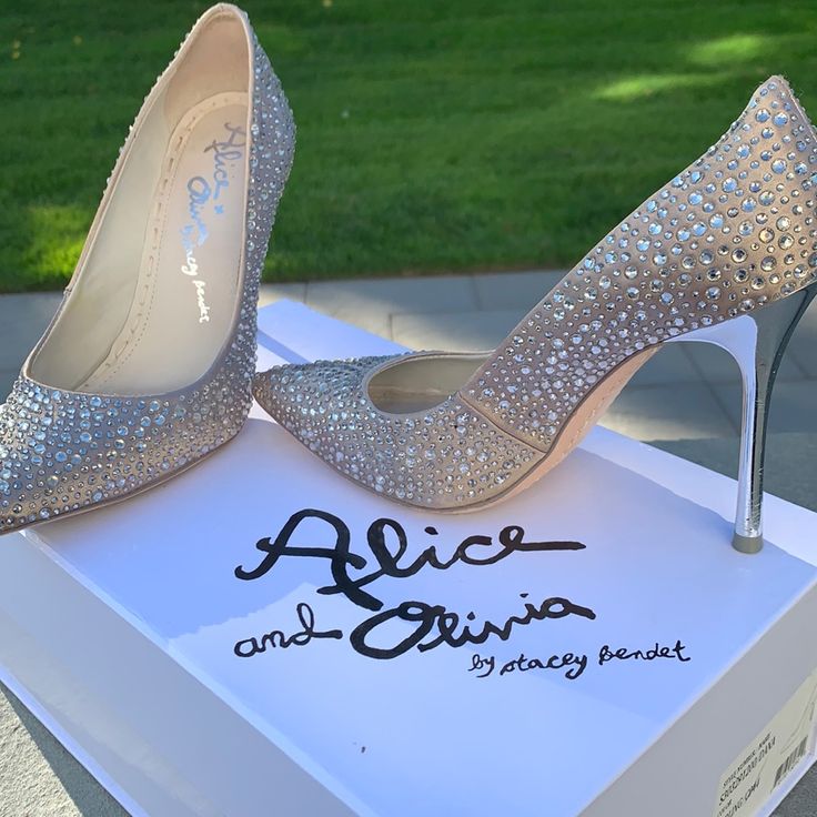 Alice And Olivia Pump Sparkly Silver W/Lightrose Satin Shoe And A Silver Heel, Super Beautiful. Size 36.5 But Runs Small Like A 5.5 Box N Bag Silver Heel, Sparkly Heels, Satin Shoes, Alice And Olivia, Silver Heels, Alice Olivia, Shoes Women Heels, Shoes Heels, Pumps