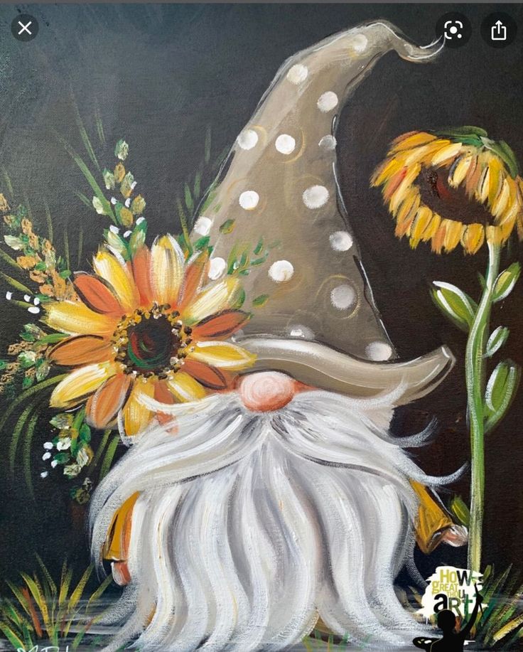 a painting of a gnome with sunflowers