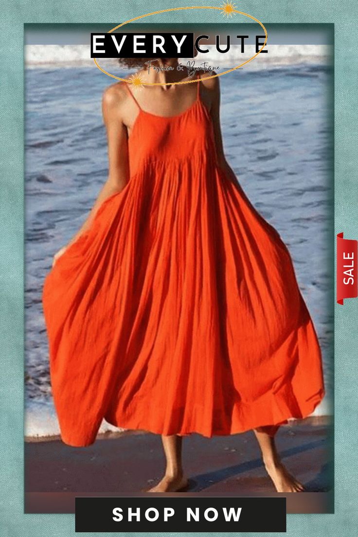 Women Summer Swing Spaghetti Cotton Holiday Boho Maxi Dresses Casual Solid Color Beach Sundress, Flowy Solid Dress For Beach Season, Flowy Solid Color Dress For Beach Season, Solid Color Flowy Dress For Beach Season, Beachwear Dresses With Spaghetti Straps, Solid Color Spaghetti Straps Beachwear Dress, Casual Solid Sundress For Vacation, Casual Solid Color Sundress For Vacation, Summer Maxi Dress In Solid Color For Beach Season