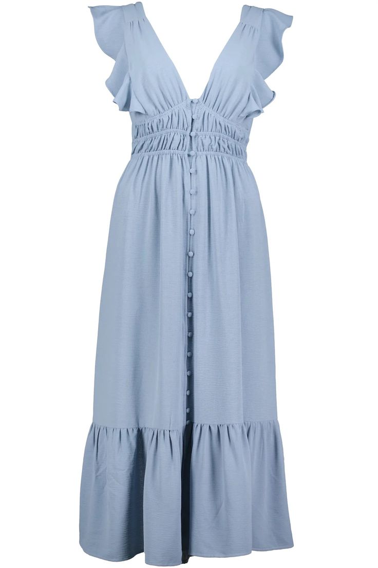 Think of a beautiful day with blue skies all wrapped up in a dress. This short sleeve, midi dress features a V-Neck, ruffled collar and covered buttons. The back ties above the waist, leaving the back partially exposed. This dress is fully lined. Shell: 100% polyester Lining: 97%polyester 3% spandex Model is wearing an extra small. Santorini Dress, Short Sleeve Midi Dress, Romper And Jacket, Ruffled Collar, Romantic Dress, Shell Buttons, Dress 100, Swimwear Tops, Santorini